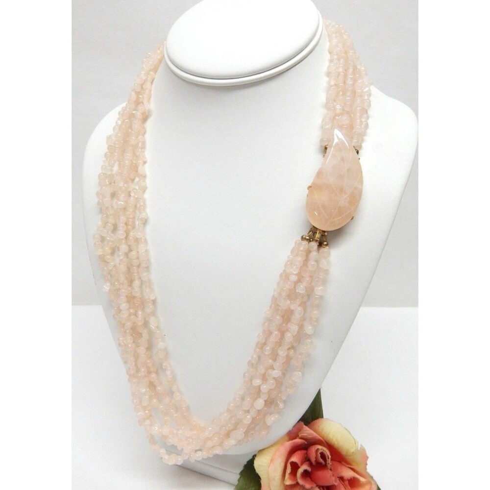 Vtg GOLD TONE MULTI STRAND ROSE QUARTZ GEMSTONE NECKLACE 25" Focal Point Leaf
